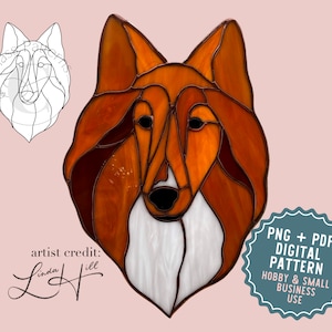 Op de afbeelding: Stained glass patroon van een Collie hondenkop met bruine en witte glasstukken. Het patroon is voor hobby en kleinbedrijf. PNG + PDF Digitaal patroon.