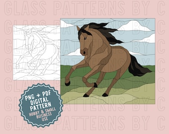 Horse Stained Glass Pattern PNG PDF Digital Download Pony Stallion Horses Trotting Running Field Glass Patterns by C