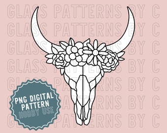 Patrón de vitral con calavera de vaca floral, descarga digital, patrones de vidrio por C PNG PDF SVG