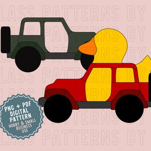 May include: Two digital cut files of a red and green Jeep with a yellow duck on top. The files are for personal and small business use. PNG + PDF Digital Pattern.