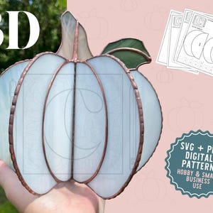 May include: A 3D stained glass pumpkin pattern in white and green. The pattern is for hobby and small business use. The pattern is available in SVG and PDF formats.