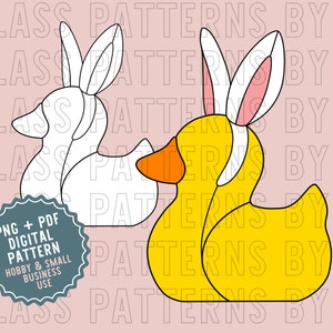 May include: A digital pattern for a white duck with bunny ears and a yellow duck with bunny ears. The pattern is for hobby and small business use.