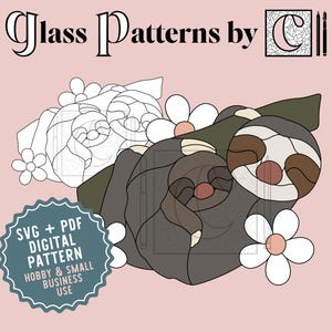May include: Digital pattern featuring a sloth design with flowers, in shades of gray, brown, and white, on a pink background. The text "Glass Patterns by C" is at the top, and a badge reads "SVG + PDF DIGITAL PATTERN HOBBY & SMALL BUSINESS USE".