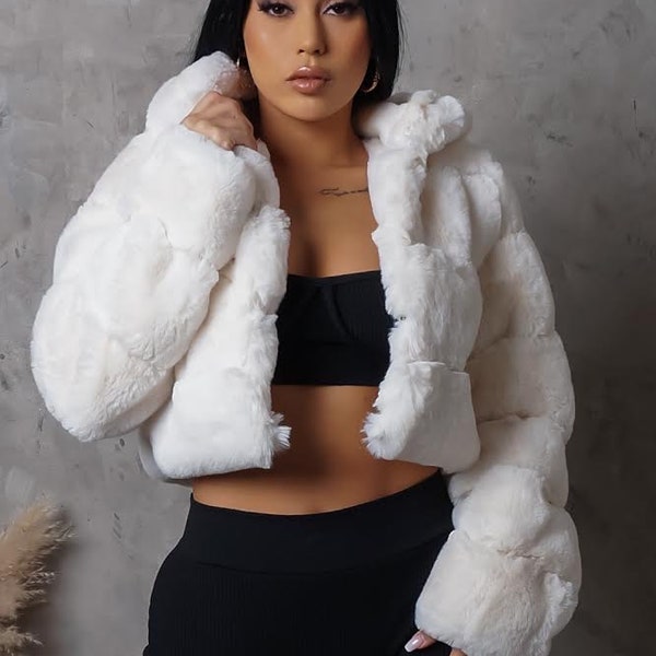 Cropped Fur Coat with Structured Sleeves - White main image 1