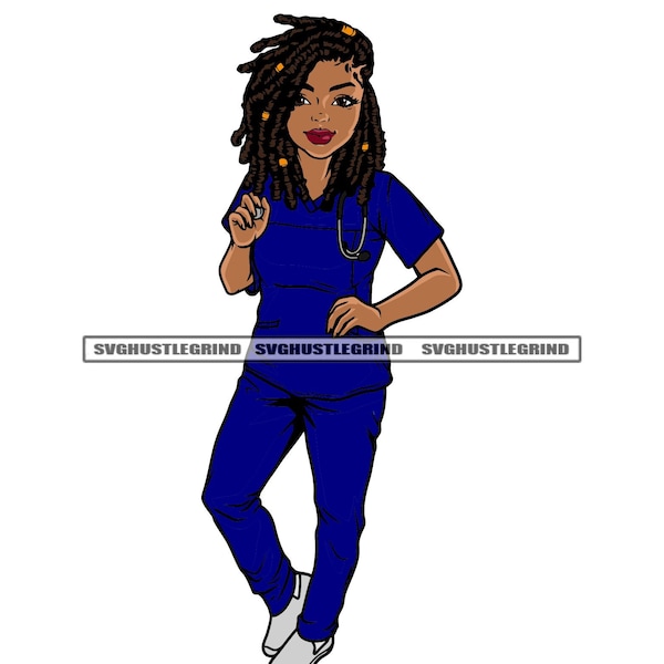 Black Woman Dreads Locs Royal Blue Scrubs Hospital Medical Stethoscope Nurse Doctor Health Clinic Care SVG Vector Cut Cutting Files PNG JPG