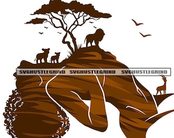 Black Woman Body African Abstract Art Safari Scene Lion Lioness Cubs Portrait Artwork Graphic SVG Vector Cutting Files PNG JPG Silhouette