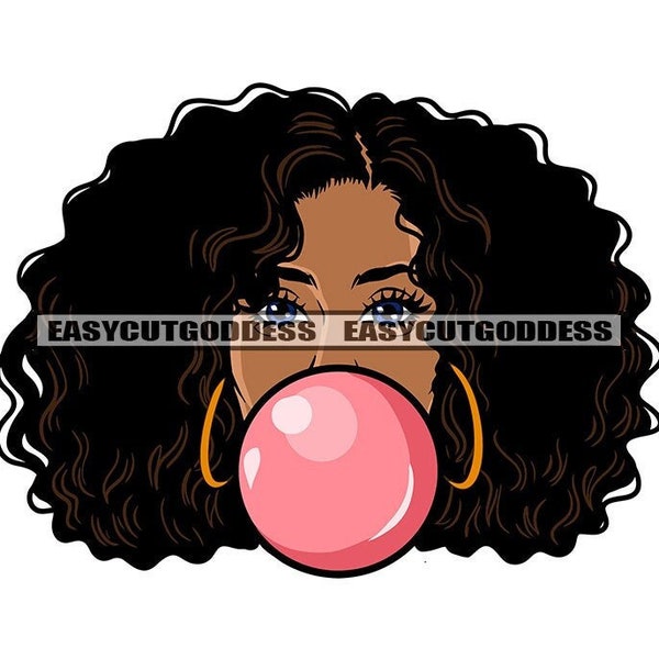 Black Woman Wavy Hair Pink Bubble Gum Chewing Head Neck Only Grind Illustration Graphic SVG Vector Cutting Files PNG JPG Cricut Silhouette