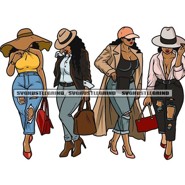 Four Black Women Shopping Traveling Ripped Torn Jeans Hats Handbags Purses Heels Graphic SVG Vector Cutting Files PNG JPG Cricut Silhouette