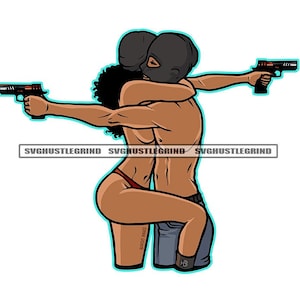 May include: A couple wearing black masks and holding guns, the woman is wearing a red bikini bottom and the man is wearing blue jeans.