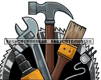 Construction Tools Paint Brush Wrench Saw Drill Hammer Plug Build Construct Illustration Graphic SVG Vector Cutting Files PNG JPG Silhouette