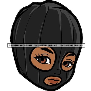 Puede incluir: Una balaclava negra con una cara estilizada, que presenta ojos marrones, una nariz y una boca roja.
