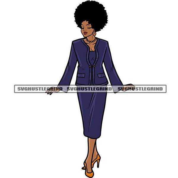 Black Female Boss Lady Purple Suit Heels Afro Hair Business Professional Worker Office Graphic SVG Vector Cutting Files PNG JPG Silhouette