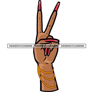 May include: Illustration of a brown hand making a peace sign with long, red fingernails. The wrist has a gold bracelet. The text "SVGHUSTLEGRIND" is at the bottom of the image.
