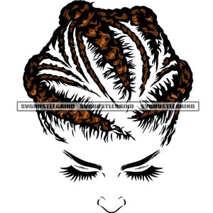 May include: Black and white line art illustration of a woman with brown braids. The woman's eyes are closed and she is looking down.