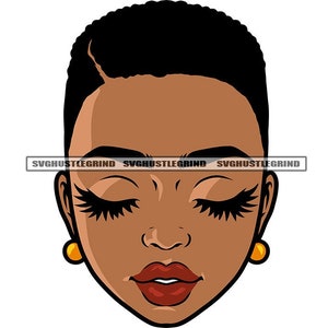 May include: A digital illustration of a woman's face with closed eyes and long eyelashes. The woman has brown skin, dark hair, and red lips. She is wearing gold earrings. The text "SVGHUSTLEGRIND" is across the image.