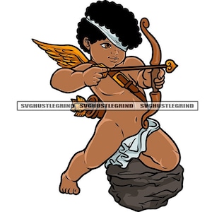 May include: A cartoon illustration of a dark-skinned cherub with an afro, a white blindfold, and golden wings. The cherub is kneeling on a rock, aiming a bow and arrow. The text "SVGHUSTLEGRIND" is printed on the image.