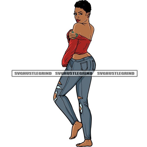 Black Female Short Hair Torn Ripped Jeans Off Shoulder Top Blouse Shoeless Illustration Graphic SVG Vector Cutting Files PNG JPG Silhouette