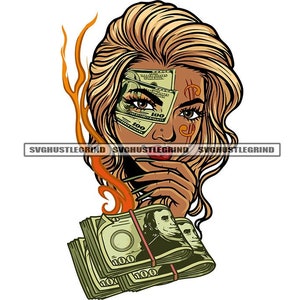 Blonde Hair Woman Dollar Bills Benjamins One Hundred Cash Dollar Sign Abstract Portrait Graphic SVG Vector Cutting Files PNG JPG Silhouette