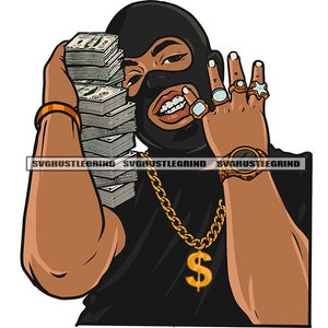 Black Thug Ski Mask Balaclava Grill Four Rings Watch Dollar Sign Necklace Chain Grind Graphic SVG Vector Cutting Files PNG JPG Silhouette