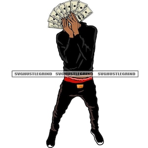 Young Black Man Wearing Black Hoodie Pants Holding Cash Money Dollar Bills Red Boxers Graphic SVG Vector Cutting Files PNG JPG Silhouette