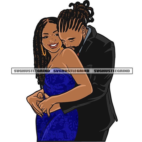 Black Couple Man Woman Black Love Relationship Dreads Locs Beard Dressed Embrace Romance Graphic SVG Vector Cutting Files PNG JPG Silhouette