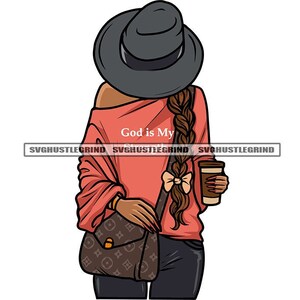 Black Woman Head Down Gray Hat Long Braid Pink Off Shoulder Holding Coffee Cup Purse Graphic SVG Vector Cutting Files PNG JPG Silhouette