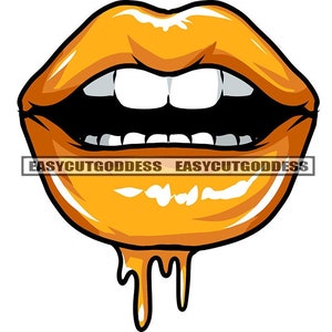 Big Wet Lips Gold Yellow Mouth White Teeth Dripping Bite Chew Art Illustration Graphic SVG Vector Cutting Files PNG JPG Cricut Silhouette