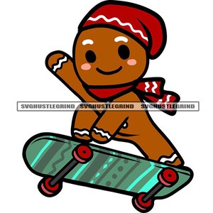 May include: A gingerbread person wearing a red and white hat and scarf is riding a green and blue skateboard with black wheels.
