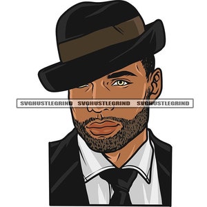 Handsome Black Man Black Suit White Shirt Black Necktie Wearing Dress Hat Scruffy Beard Graphic SVG Vector Cutting Files PNG JPG Silhouette
