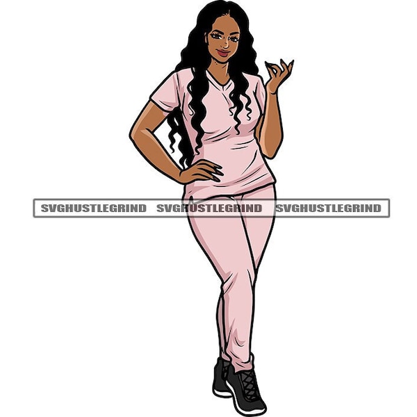 Black Lady Female Medical Pink Scrubs Hospital Nurse Doctor Aides Health Care Uniform Graphic SVG Vector Cutting Files PNG JPG Silhouette