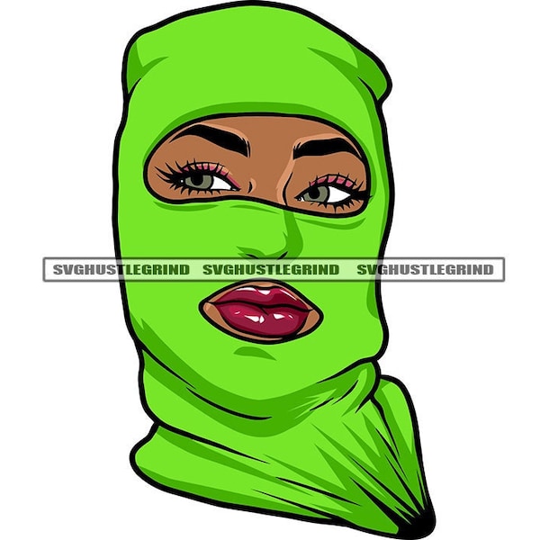 Black Female Head Lime Green Ski Mask Balaclava Gray Eyes Long Lashes Purple Lipstick Graphic SVG Vector Cutting Files PNG JPG Silhouette