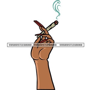 Puede incluir: Ilustración de una mano con uñas largas rojas sosteniendo un porro encendido, con humo ascendente. La mano es de piel morena. El texto "SVGHUSTLEGRIND" está en la parte inferior.