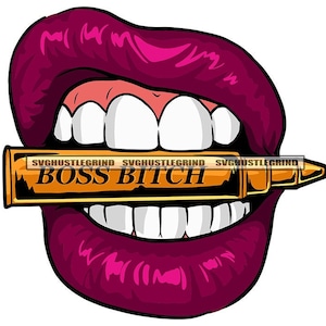 Boss Bitch Purple Lipstick Lips White Teeth Gold Bullet Grill Gums Illustration Graphic SVG Vector Cutting Files PNG JPG Cricut Silhouette
