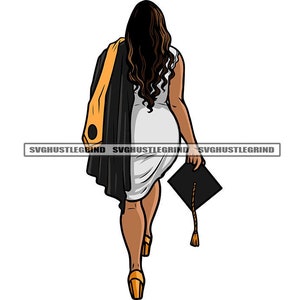 May include: A woman in a white dress and black graduation gown walks away from the camera, holding a black graduation cap in her right hand. Her long black hair is down and she is wearing black heels.
