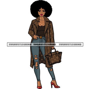 May include: A woman with an afro hairstyle is wearing a brown patterned coat, blue jeans with distressed details, and red heels. She is carrying a brown patterned handbag.