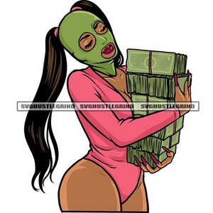 May include: A woman wearing a green face mask and pink bodysuit holds a stack of cash in her arms.