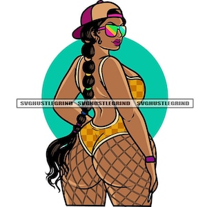 Plus Size Black Woman Bathing Suit Baseball Cap Long Braid Sunglasses Thick Thighs Hips Graphic SVG Vector Cutting Files PNG JPG Silhouette