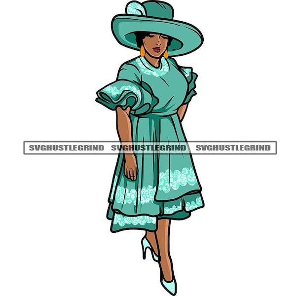 Black Woman Church Lady Turquoise Dress Ruffles Heels Big Church Hat Pose Illustration Graphic SVG Vector Cutting Files PNG JPG Silhouette