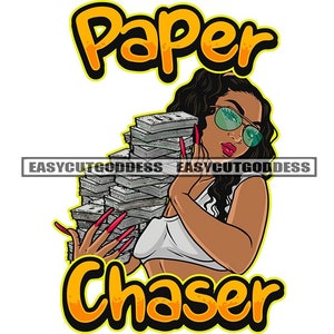 Paper Chaser Black Woman Holding Cash Money Dollar Bills Blue Sunglasses Illustration Graphic SVG Vector Cutting Files PNG JPG Silhouette