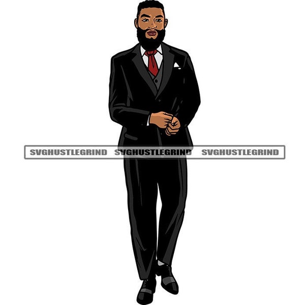 Black Man Black Suit Red Tie Beard Afro Dressed Impress Night Out Walking Dress Shoes Graphic SVG Vector Cutting Files PNG JPG Silhouette