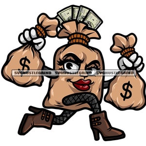 May include: Cartoon illustration of a money bag with a human face, wearing high heels and holding two money bags. The money bag has a dollar sign on each bag. The money bag has a winking eye and red lipstick.