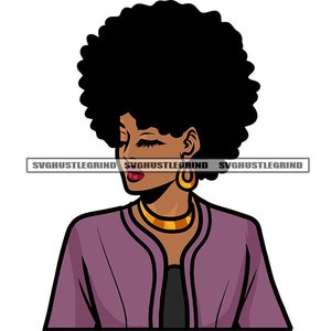 Black Female Afro Purple Jacket Gold Necklace Earrings Red Lipstick Eyes Closed Graphic Grind SVG Vector Cutting Files PNG JPG Silhouette