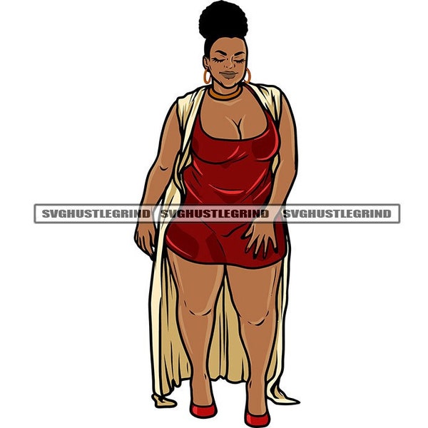 Plus Size Black Female Woman Short Burgundy Dress Heels Afro Bun Long Vest Illustration Graphic SVG Vector Cutting Files PNG JPG Silhouette