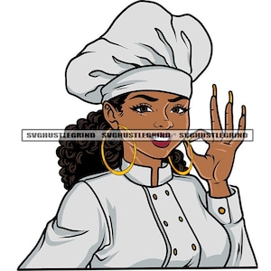 Op de afbeelding: Een cartoonillustratie van een zwarte vrouwelijke chef-kok die een witte koksmuts en een wit koksjasje draagt. Ze geeft een duim omhoog met haar rechterhand en heeft een gouden creolen oorring in elk oor.