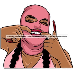 Black Woman Pink Hook Ski Mask Teeth Grill Braids Long Red Fingernails Laugh Grin Graphic Grind SVG Vector Cutting Files PNG JPG Silhouette