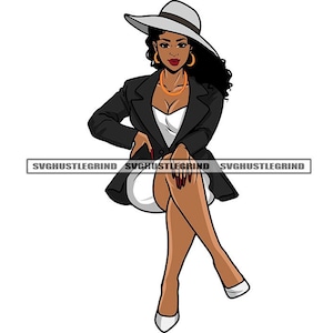 Black Woman White Dress Jacket Heels Hat Boss Lady Legs Crossed Gold Necklace Earrings Graphic SVG Vector Cutting Files PNG JPG Silhouette