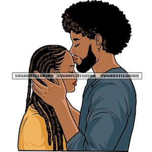 May include: A couple are embracing, the man is kissing the woman on the forehead. He has short black hair and is wearing a blue shirt. She has long black braids and is wearing a yellow shirt.