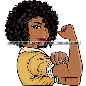 May include: A woman with curly brown hair and a yellow shirt is flexing her bicep. She is wearing a gold hoop earring.