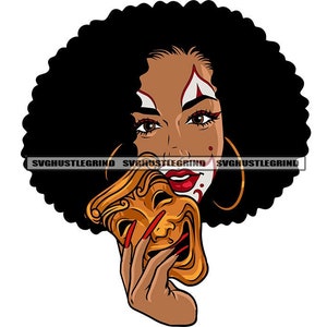 Black Woman Afro Clown Face Mask Drama Mask Theatre Tragedy Comedy Performance Humor Graphic SVG Vector Cutting Files PNG JPG Silhouette