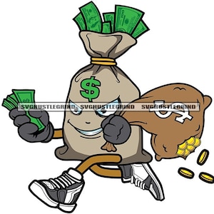 Bank Bag Head Character Dollar Sign Bank Bag Cash Dollar Money Running Bit Coin Sneakers Graphic SVG Vector Cutting Files PNG JPG Silhouette
